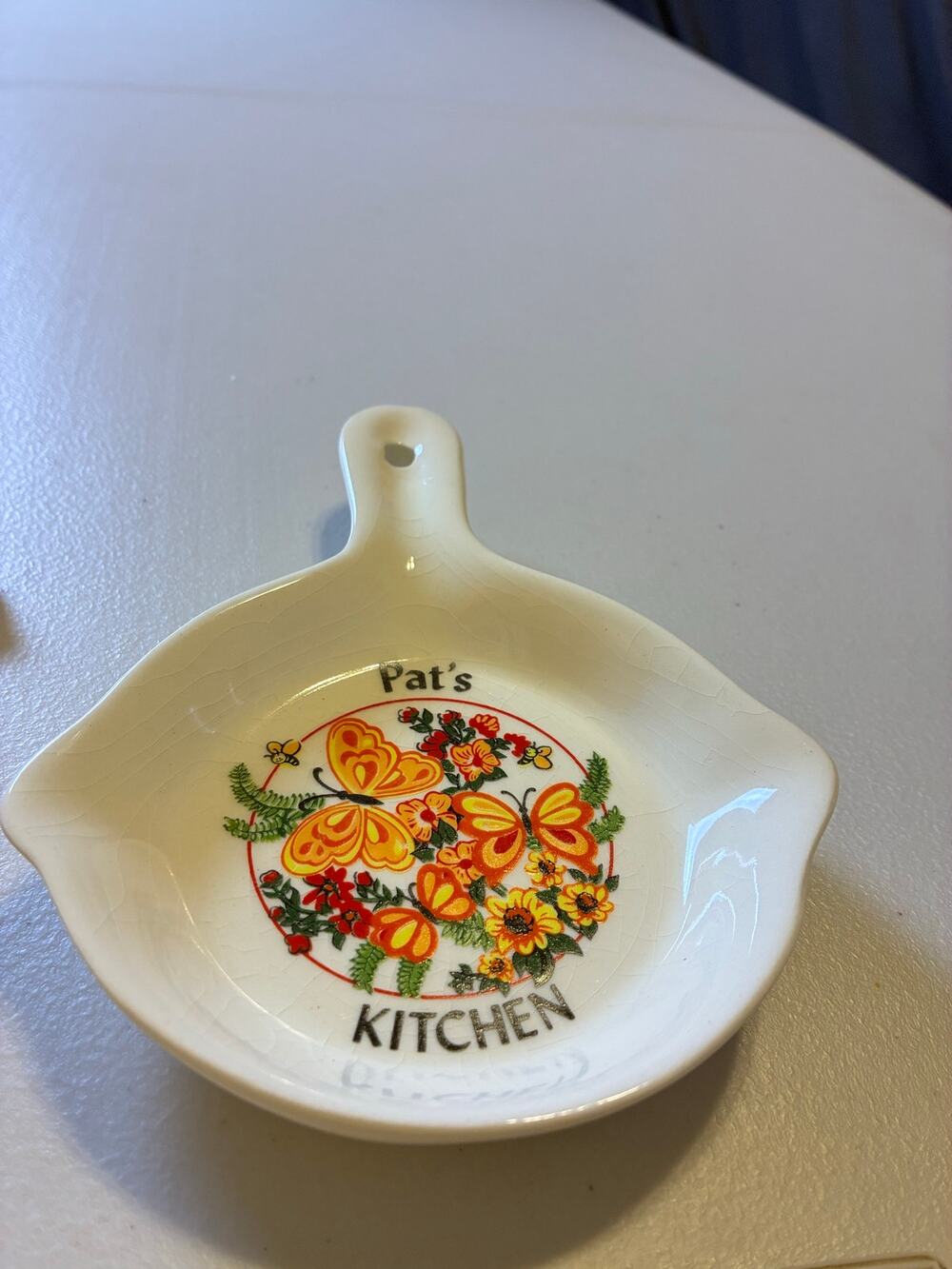 Vintage Personalized Pat's Kitchen Ceramic Spoon Rest Butterfly Floral Decor